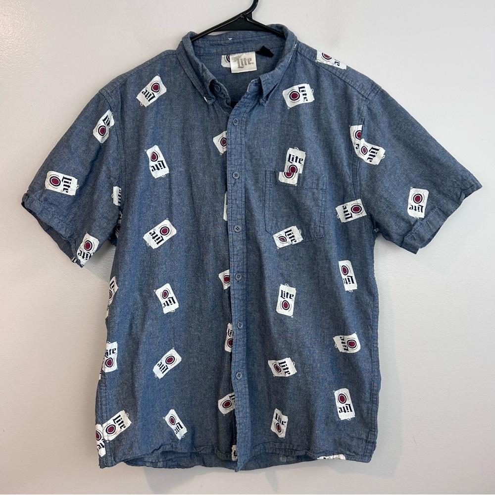Miller Lite Collared Short Sleeve Button Blue Down Shirt Size Medium